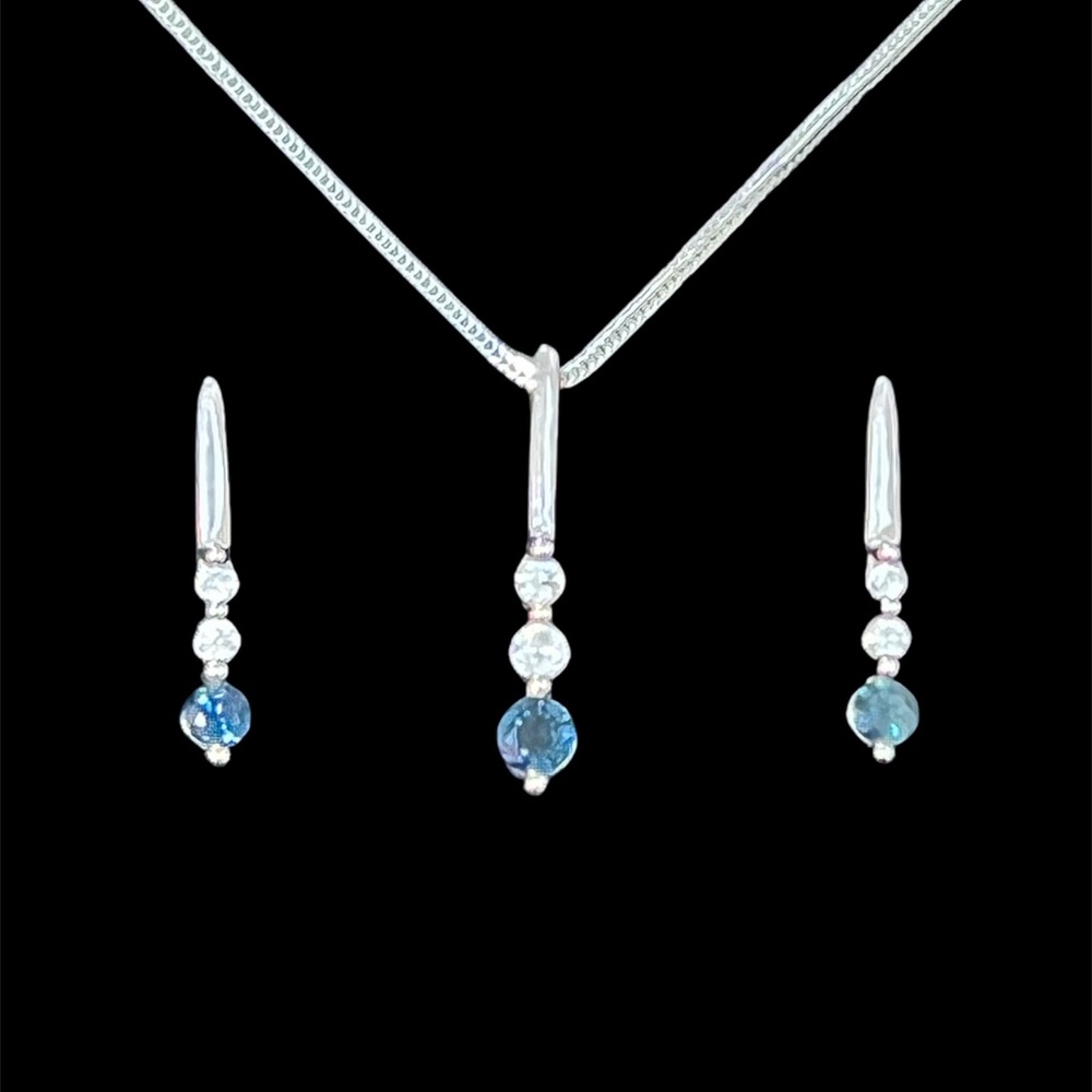 10K White Gold with Diamonds and Sapphire Jewelry Set matching Necklace+Errings